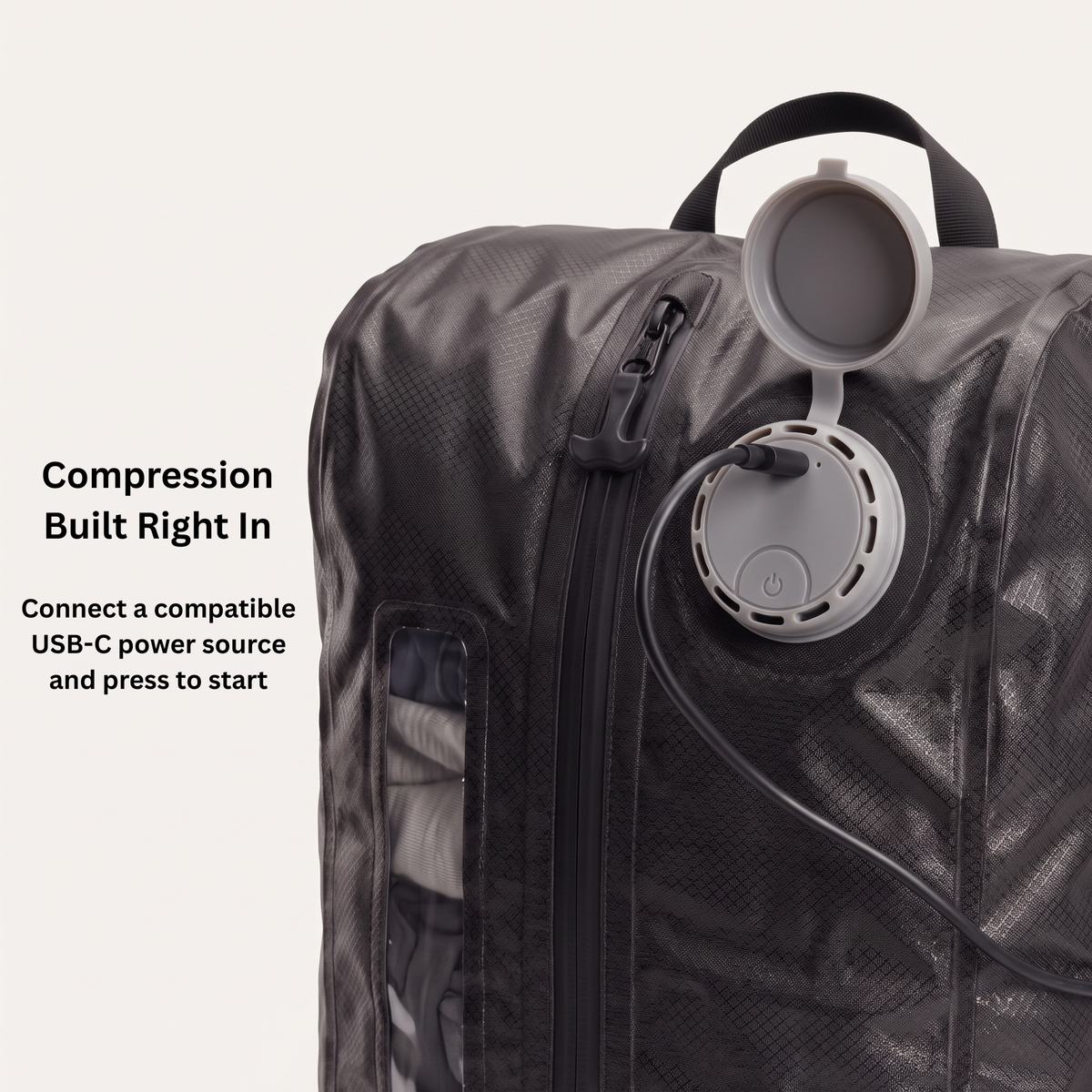 Built-in USB-C compression system on AirCompress travel bag