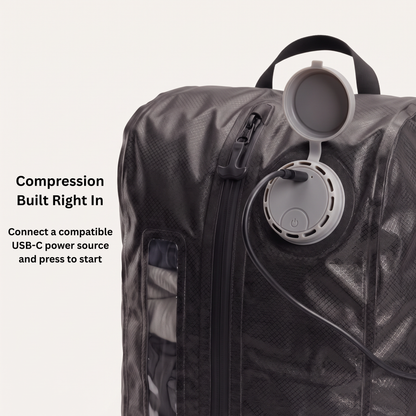 Built-in USB-C compression system on AirCompress travel bag